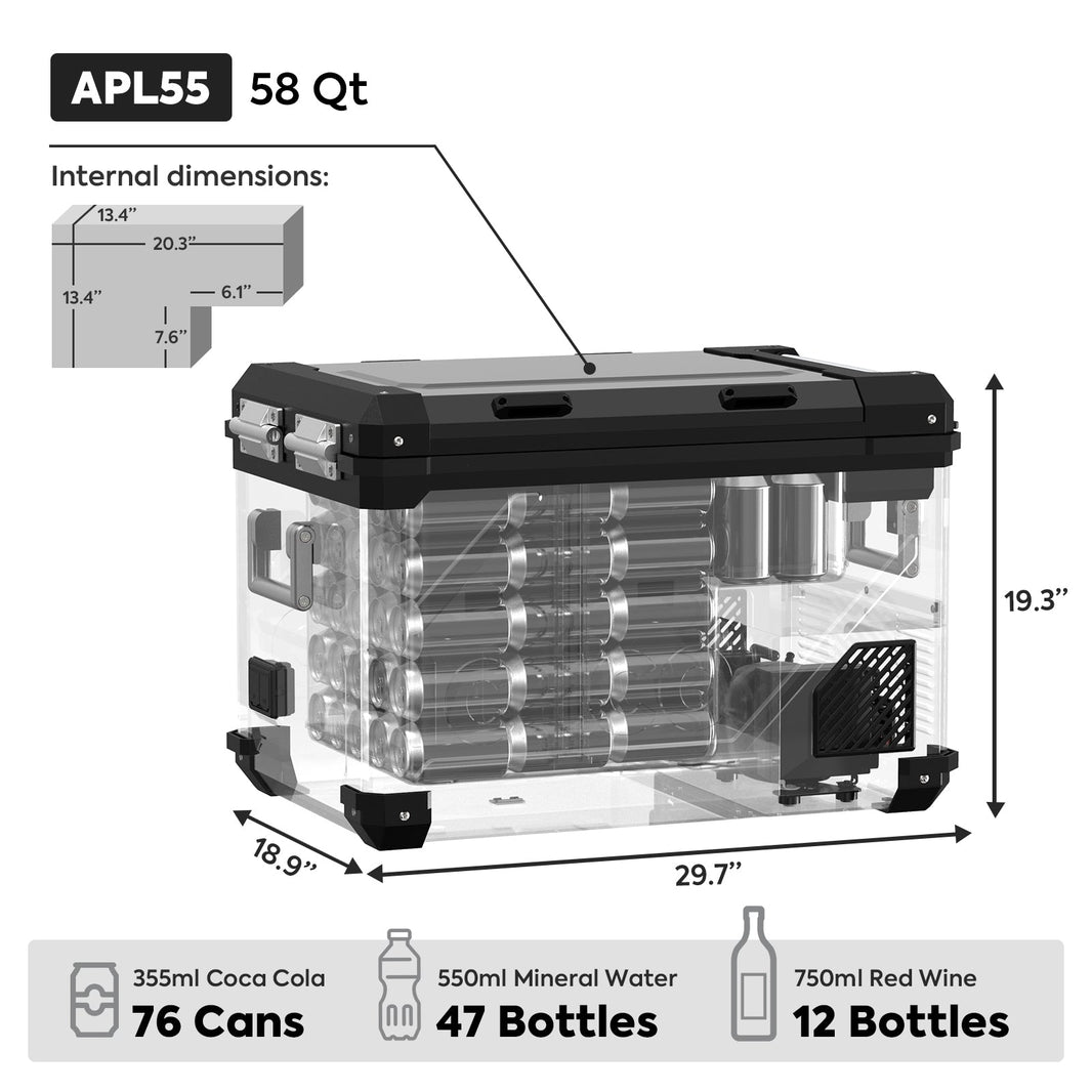 Inca Overland Outfitters APL55 Dual Zone 12V fridge in silver, 55-liter capacity with ICECO branding, outdoor travel appliance.