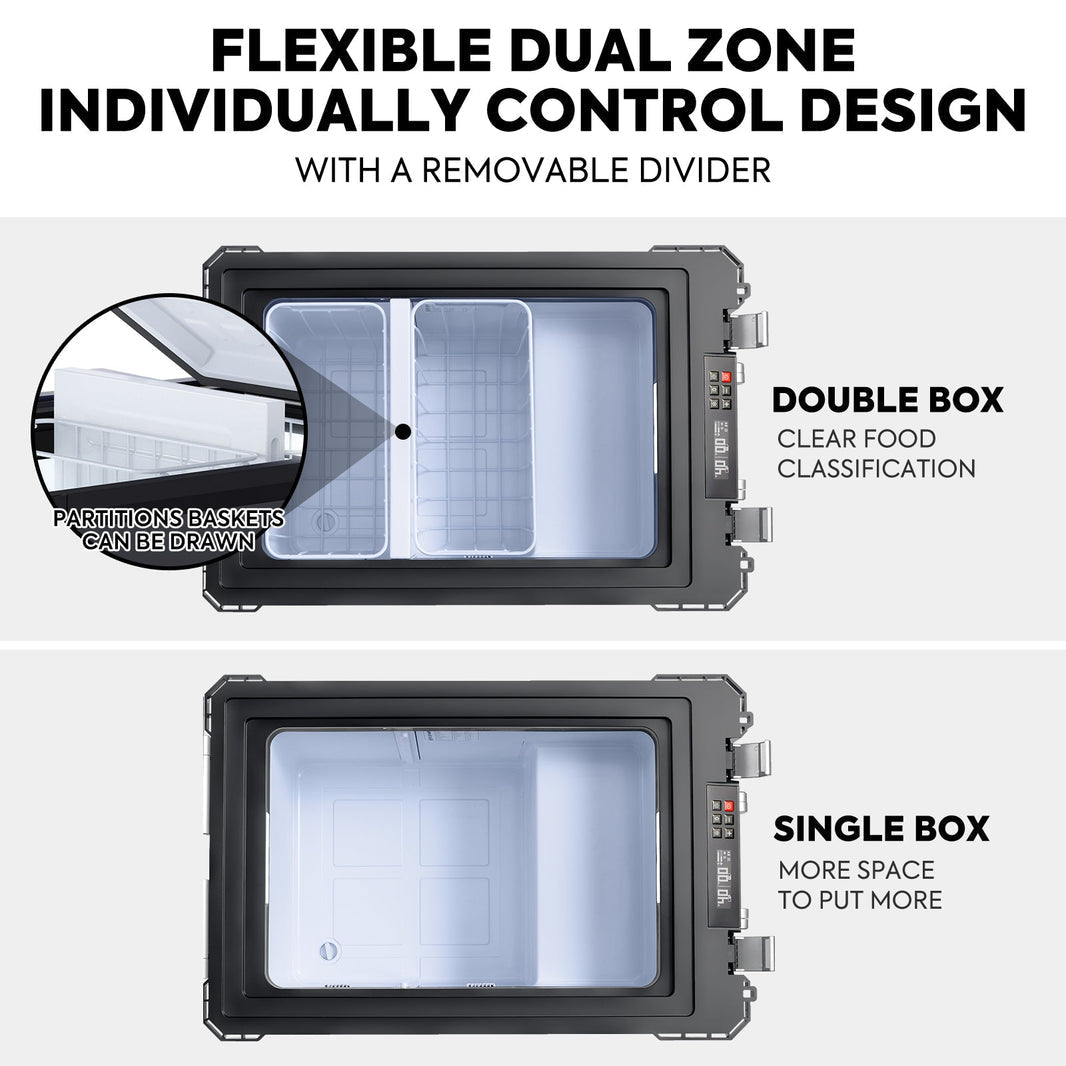 Inca Overland Outfitters APL55 Dual Zone 12V fridge in silver, 55-liter capacity with ICECO branding and dual cooling zones.