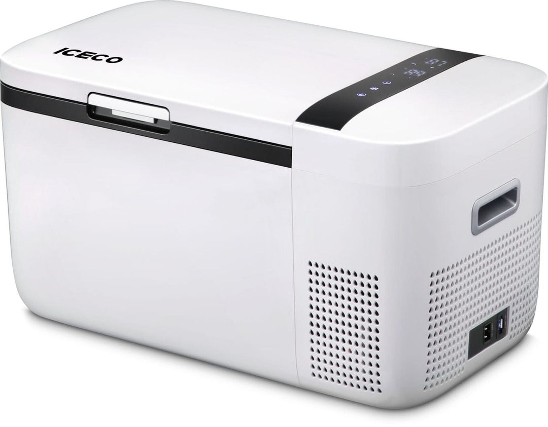 Inca Overland Outfitters GO20 Dual Zone 12V portable freezer in white, 20-liter capacity, with dual cooling zones.