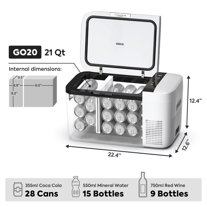 Inca Overland Outfitters GO20 Dual Zone 12V Portable Freezer in white, with dual compartments and 20-liter capacity.