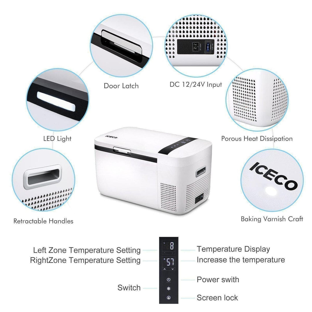 Inca Overland Outfitters GO20 Dual Zone 12V portable freezer in white, 20-liter capacity with dual cooling zones for travel.
