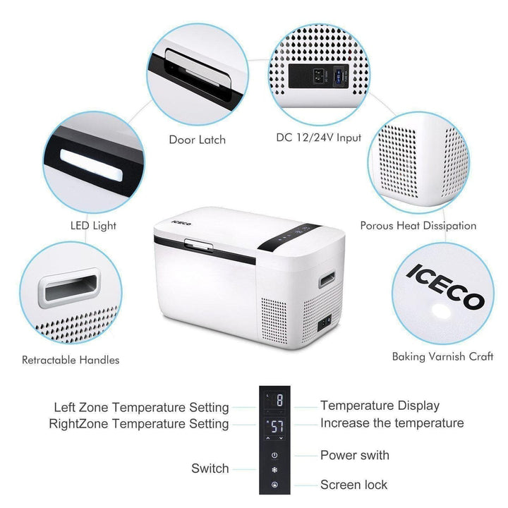 Inca Overland Outfitters GO20 Dual Zone 12V portable freezer in white, 20-liter capacity with dual cooling zones for travel.