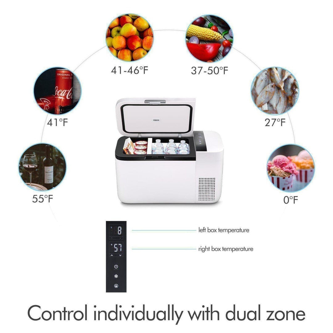 Inca Overland Outfitters GO20 Dual Zone 12V Portable Freezer in white, with 20-liter capacity and dual temperature zones.