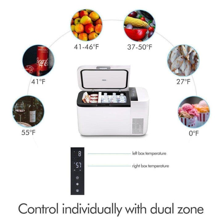 Inca Overland Outfitters GO20 Dual Zone 12V Portable Freezer in white, with 20-liter capacity and dual temperature zones.