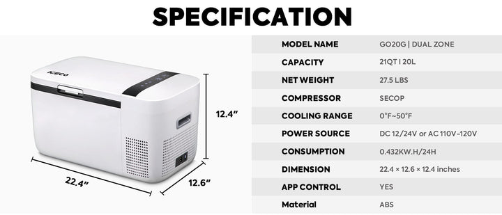 Inca Overland Outfitters GO20 Dual Zone 12V Portable Freezer in white, showing dual compartments and compact design.