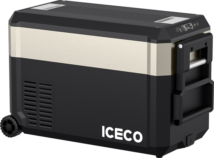 Inca Overland Outfitters JP40 Pro dual zone wheeled portable freezer in gold, part of ICECO's JP Pro Series, 40L capacity.