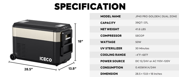 Inca Overland JP40 Pro Dual Zone Wheeled Portable Freezer in gold, 40L, from ICECO JP Pro Series, with handles and wheels visible.