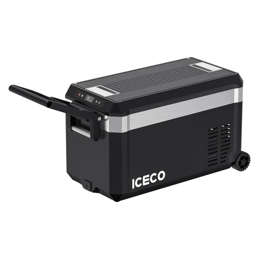 Inca Overland Outfitters JP30 Pro single zone wheeled portable freezer with cover, 30L capacity, ICECO brand, silver color.