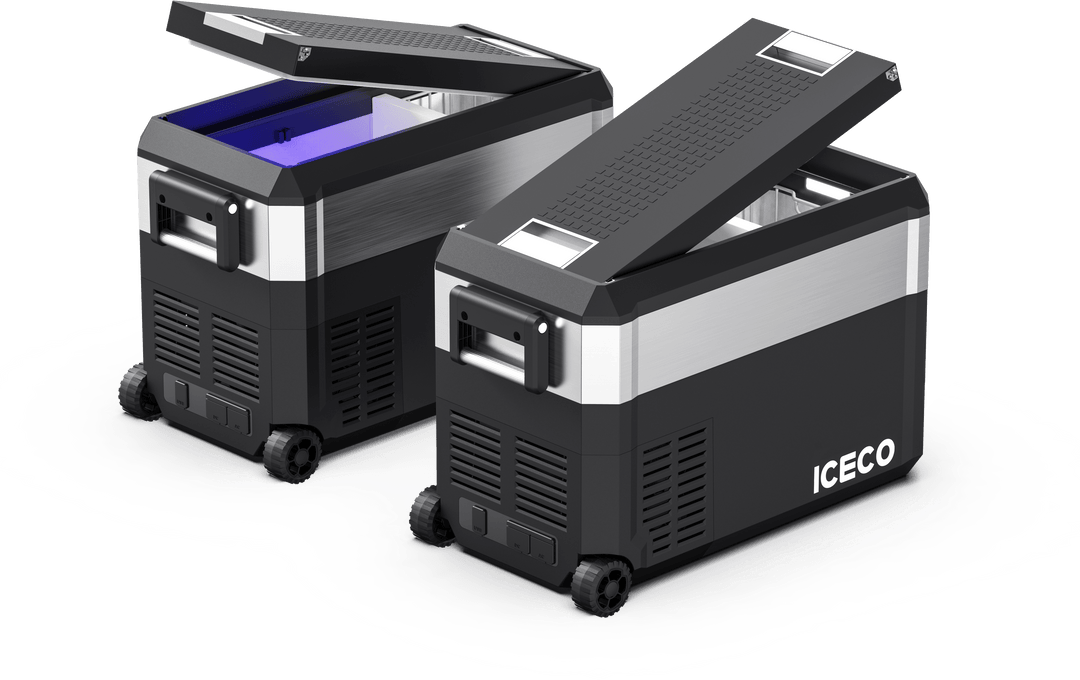 Inca Overland Outfitters JP40 Pro Dual Zone Wheeled Portable Freezer by ICECO, silver 40-liter capacity with dual-zone cooling.