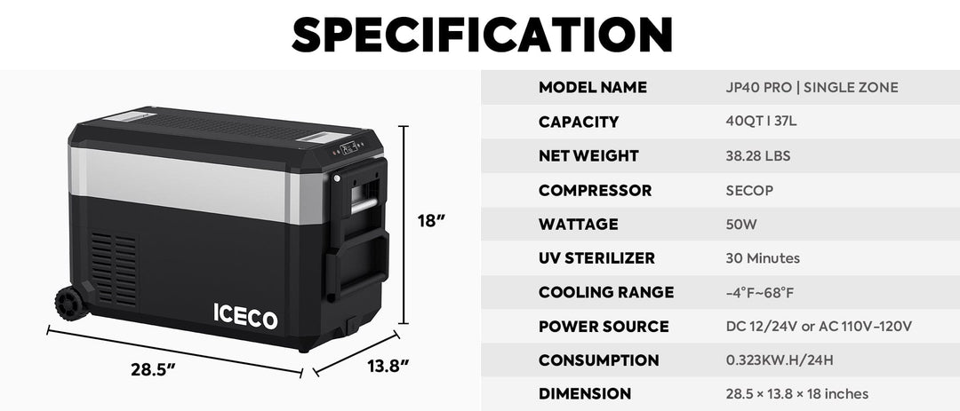 Inca Overland JP40 PRO single-zone portable freezer with silver cover, 40L capacity, from ICECO's JP Pro Series.