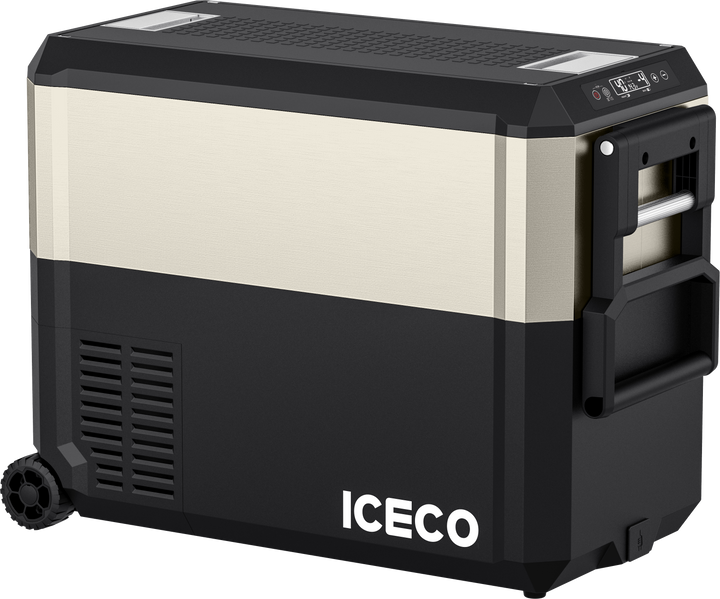 Inca Overland JP50 Pro Dual Zone Wheeled Car Fridge with cover, 50-liter capacity, silver finish, from ICECO JP Pro Series.