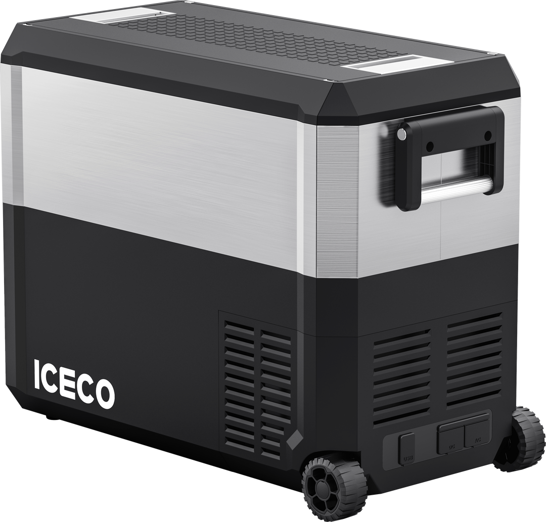 Inca Overland JP50 Pro Dual Zone Wheeled Car Fridge in silver, 50-liter capacity with cover, part of ICECO's JP Pro Series.