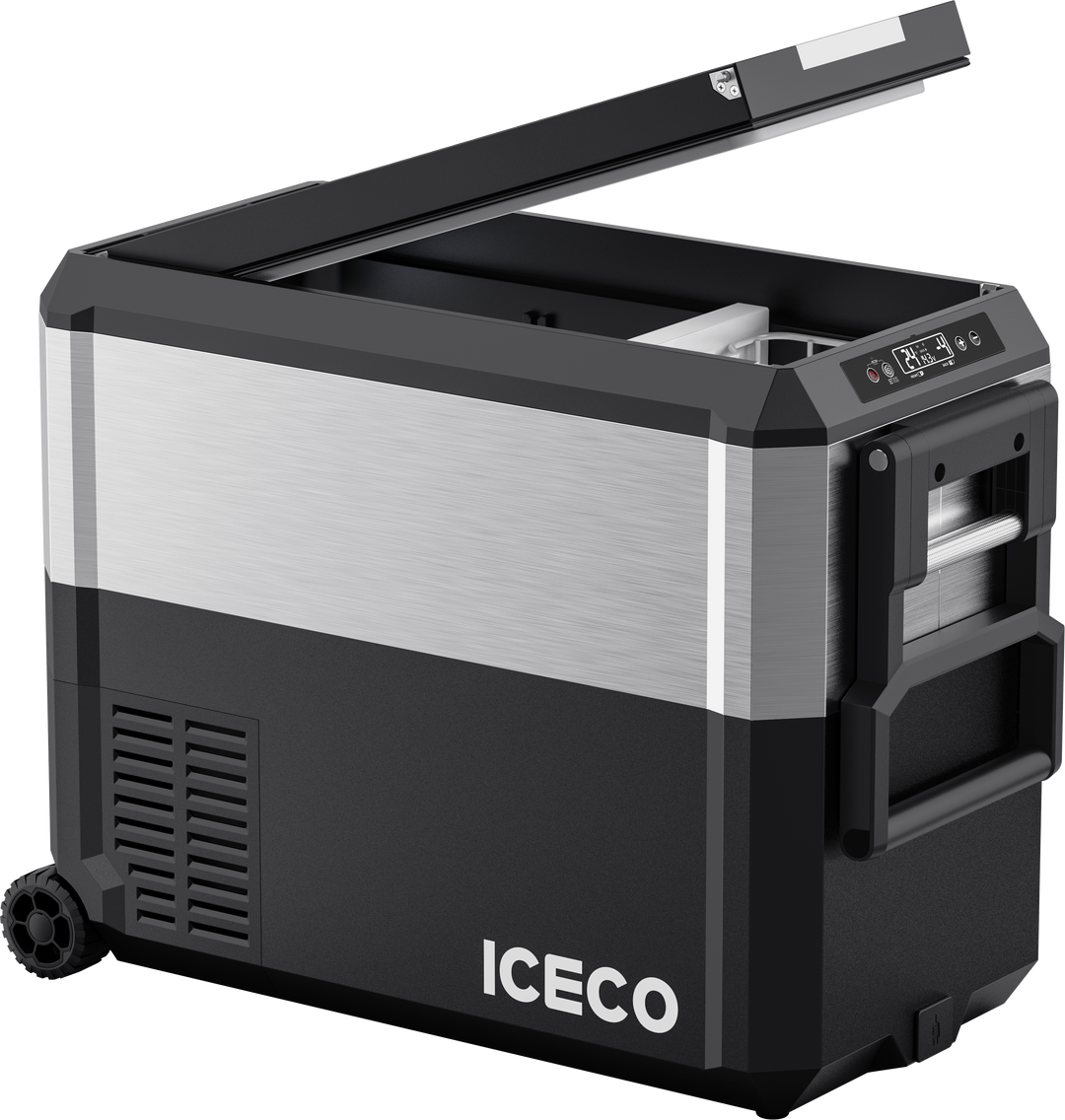 Inca Overland JP50 Pro Dual Zone Wheeled Car Fridge with Cover, 50-liter capacity, silver finish, part of ICECO JP Pro Series.