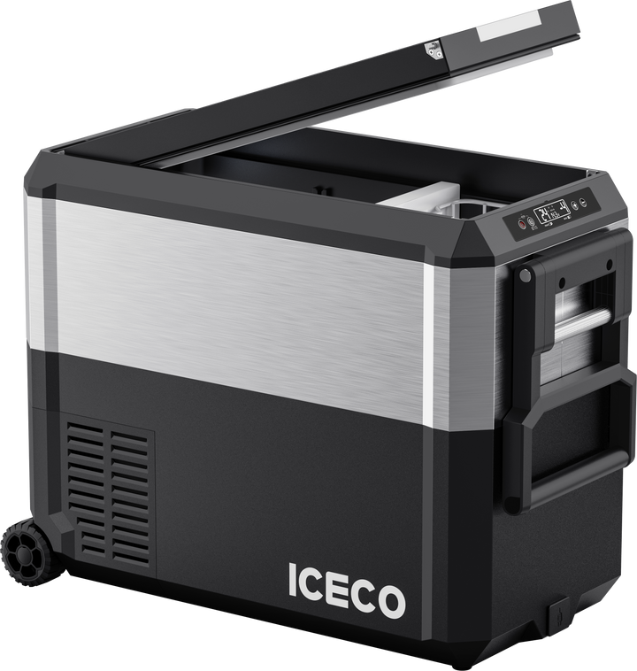 Inca Overland JP50 Pro Dual Zone Wheeled Car Fridge with Cover, 50-liter capacity, silver finish, part of ICECO JP Pro Series.