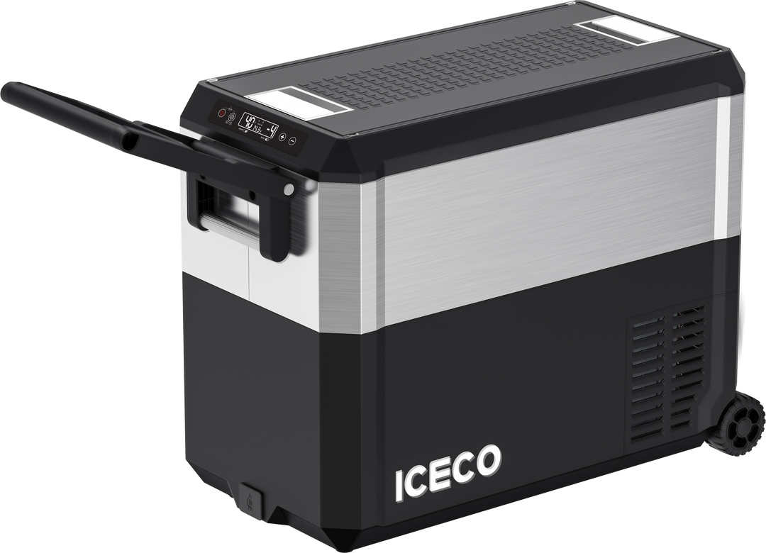 Inca Overland JP50 Pro Dual Zone Wheeled Car Fridge with cover, 50-liter capacity, silver color, from ICECO's JP Pro Series.