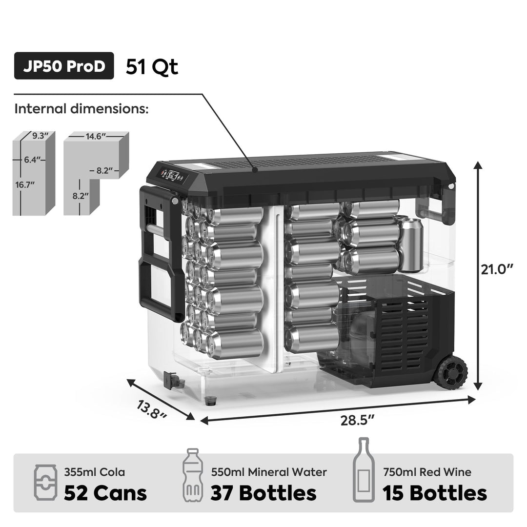 Inca Overland Outfitters JP50 Pro Dual Zone Wheeled Car Fridge in silver with cover, 50-liter capacity, from ICECO's JP Pro Series