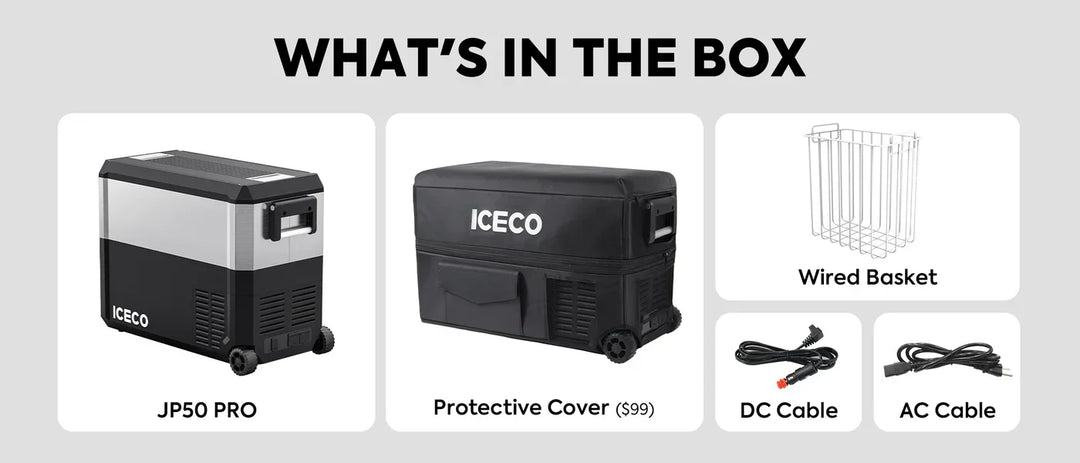 Inca Overland JP50 Pro Dual Zone Car Fridge with cover, silver 50-liter capacity, ICECO JP Pro Series, wheeled portable cooling appliance