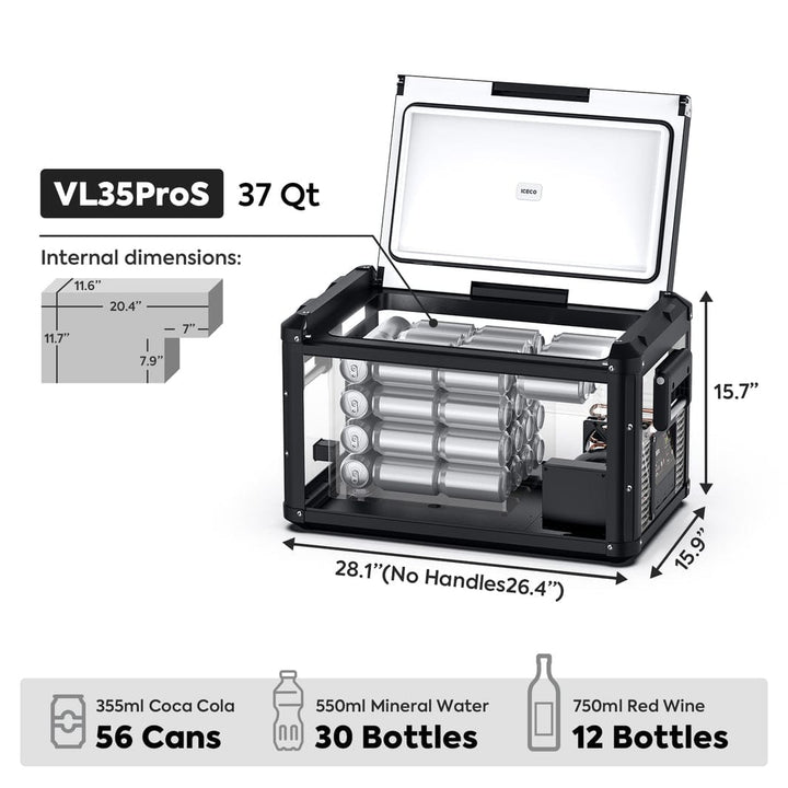 Inca Overland Outfitters VL35ProS portable fridge freezer from ICECO, 35-liter black single-zone compact cooling appliance.