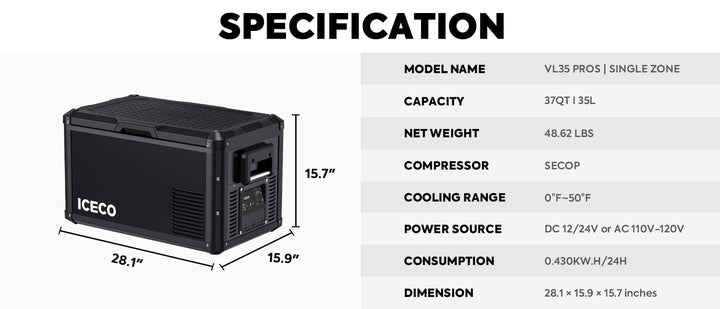 Inca Overland Outfitters VL35ProS Single Zone Portable Fridge Freezer by ICECO, black 35-liter compact travel cooler