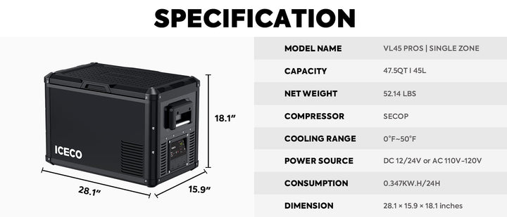 Inca Overland Outfitters VL45ProS single zone portable fridge freezer from ICECO, black 45-liter compact fridge for travel use.