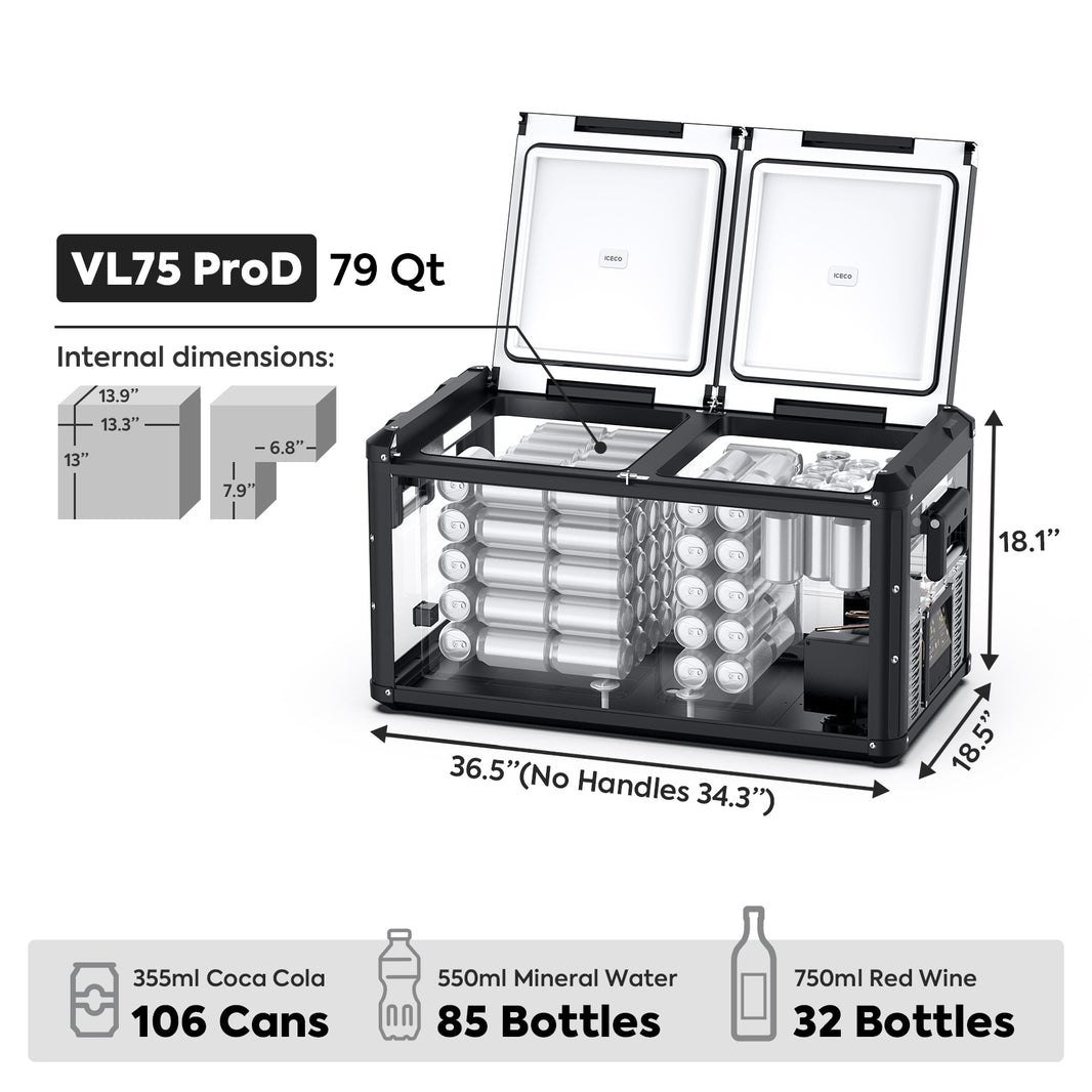 Inca Overland Outfitters VL75ProD 12V Heavy Duty Fridge Freezer from ICECO VL Pro Series, black 75-liter portable cooler for outdoor use.