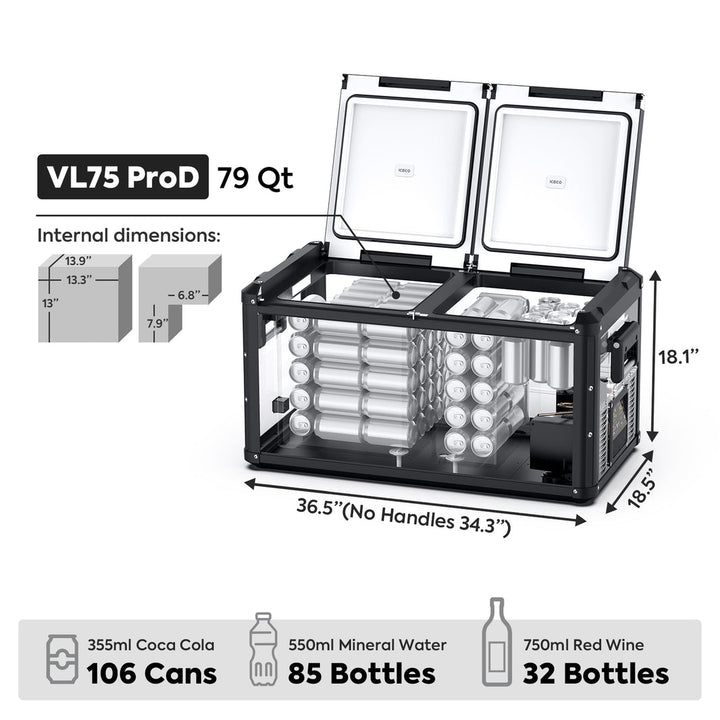 Inca Overland Outfitters VL75ProD 12V Heavy Duty Fridge Freezer from ICECO VL Pro Series, black 75-liter portable cooler for outdoor use.