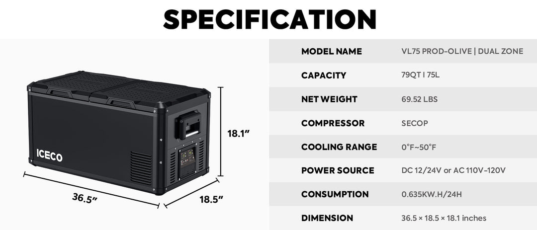 Inca Overland Outfitters VL75ProD 12V heavy-duty fridge freezer from ICECO VL Pro Series, black with 75-liter capacity.