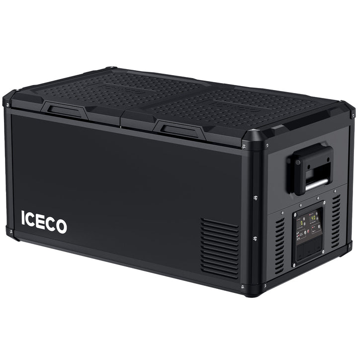 Inca Overland Outfitters VL90ProD dual zone RV 12V fridge cooler, black 90-liter ICECO VL Pro Series, designed for camping and travel.