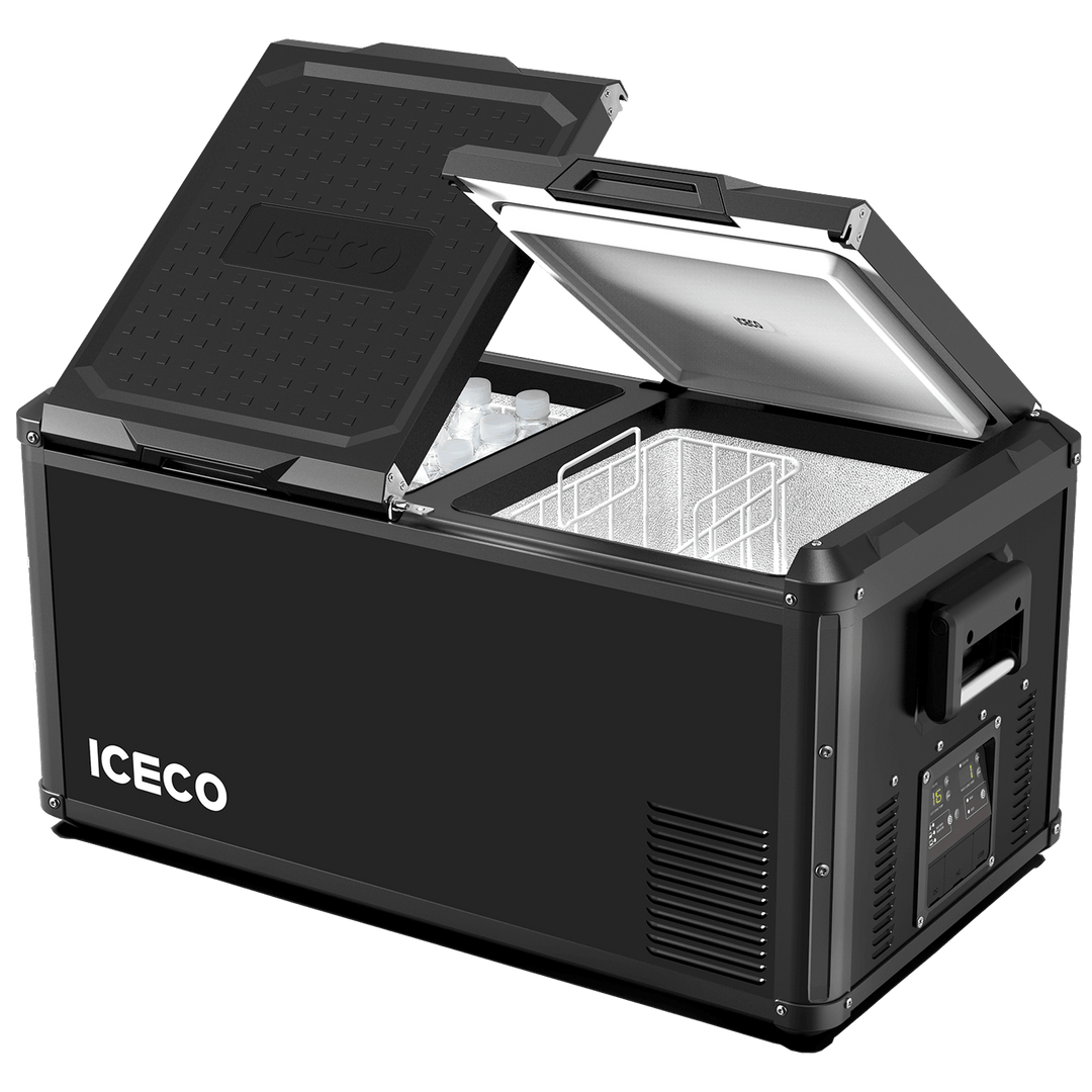 Inca Overland Outfitters VL90ProD dual zone RV 12V fridge cooler from ICECO, black 90-liter portable fridge for RV and camping.
