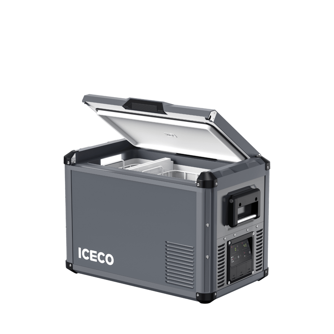Inca Overland Outfitters VL45ProD dual zone portable freezer in gray, part of ICECO VL Pro Series, with digital controls and compact design.