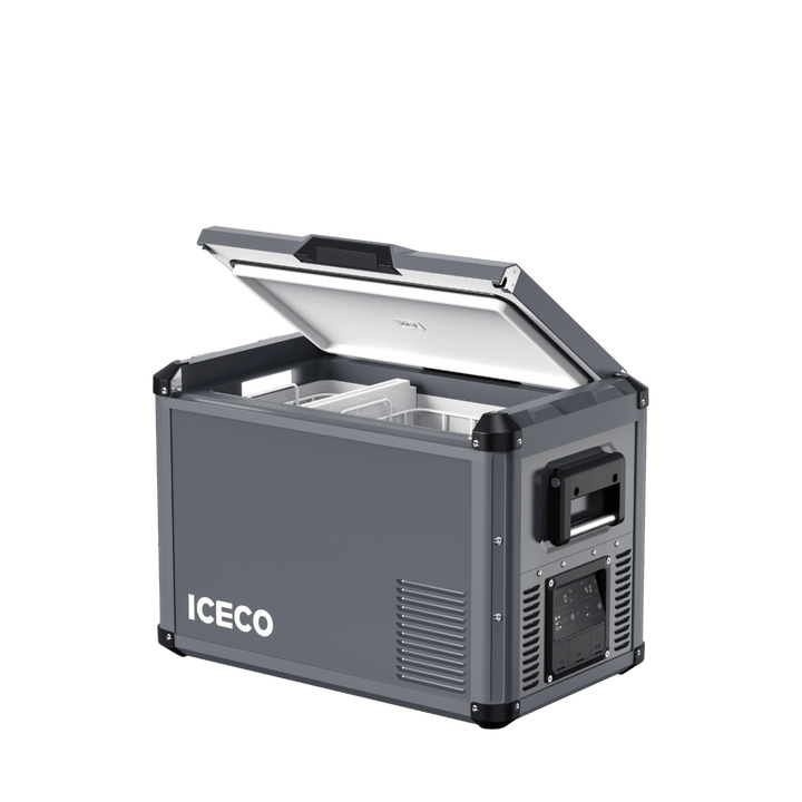 Inca Overland Outfitters VL45ProD dual zone portable freezer in gray, part of ICECO VL Pro Series, with digital controls and compact design.