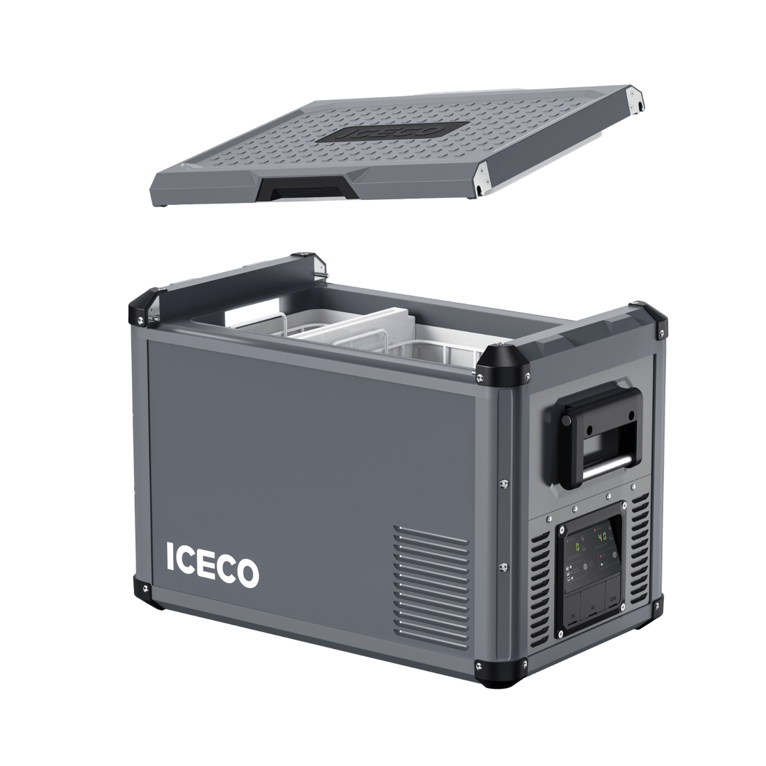 Inca Overland Outfitters VL45ProD Dual Zone Portable Freezer in gray from ICECO's VL Pro Series, showing the compact design and control panel.