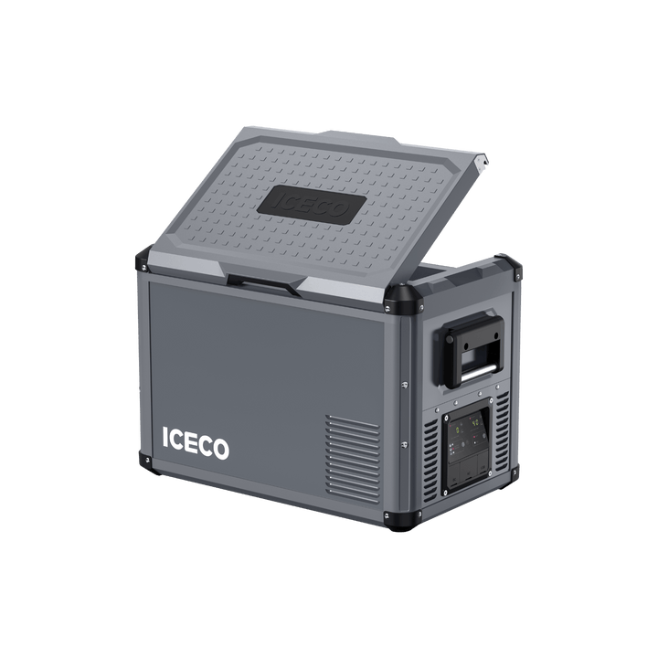 Inca Overland Outfitters VL45ProD Dual Zone Portable Freezer in gray from ICECO, featuring two temperature zones and compact design.