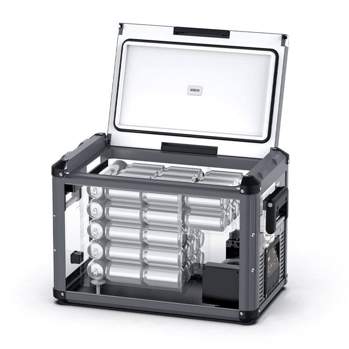 Inca Overland Outfitters VL45ProD dual zone portable freezer in gray, with digital controls and compact design for outdoor use