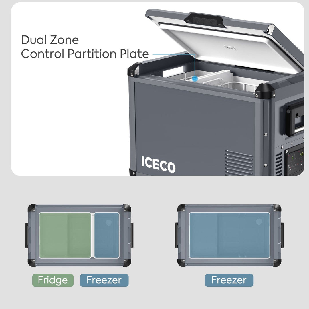Inca Overland Outfitters VL45ProD dual zone portable freezer in gray from ICECO VL Pro Series, showing the compact freezer with dual compartments.