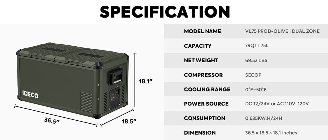 Inca Overland Outfitters VL75ProD Olive 12V heavy-duty fridge freezer from ICECO, 75-liter capacity, part of VL Pro Series.