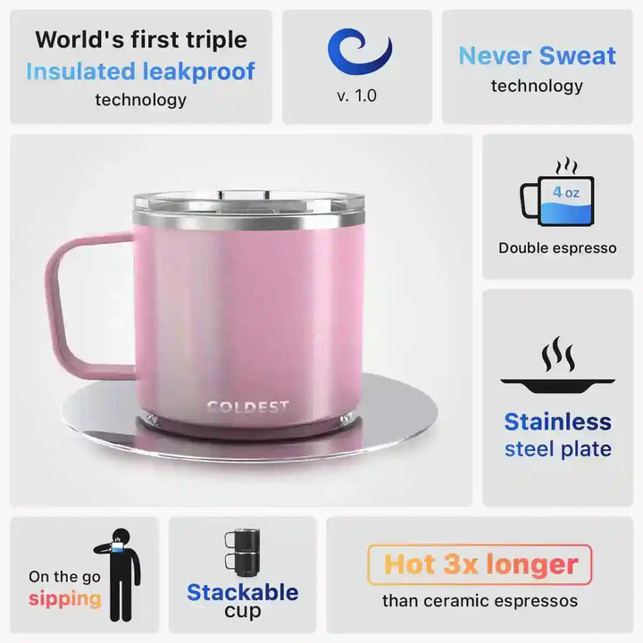 Insulated Coldest espresso mug with black exterior and stainless steel interior, designed to keep coffee hot or cold.
