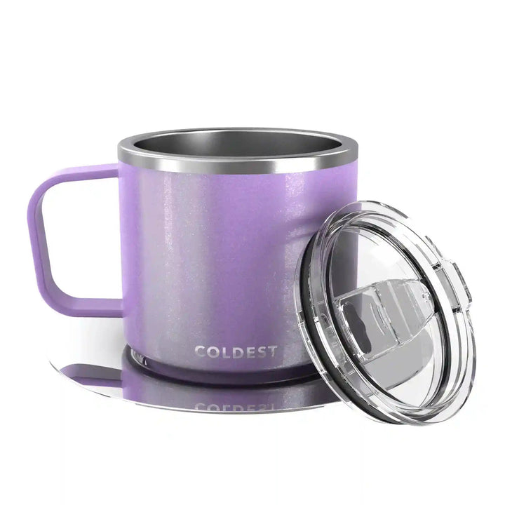 Insulated Coldest espresso mug with black exterior and stainless steel interior, designed to keep coffee hot or cold.