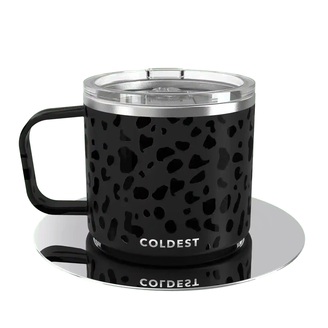Insulated Coldest espresso mug with sleek design, stainless steel body, and secure lid for hot coffee on the go.