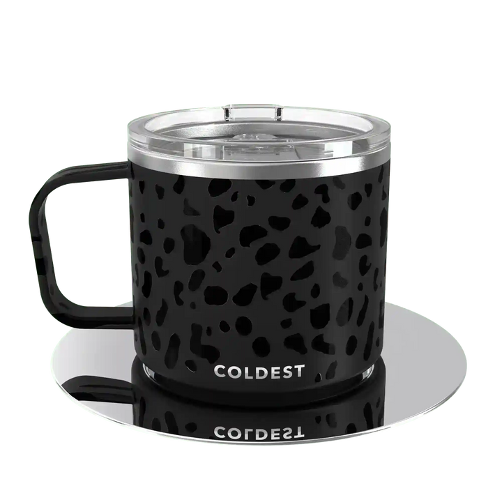 Insulated Coldest espresso mug with sleek design, stainless steel body, and secure lid for hot coffee on the go.