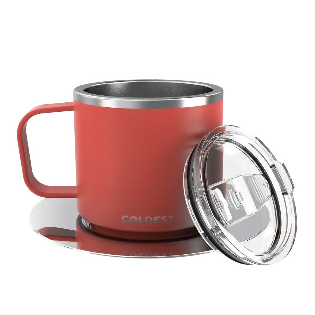 Insulated Coldest espresso mug with a sleek black design, highlighting its double-wall construction and compact size.