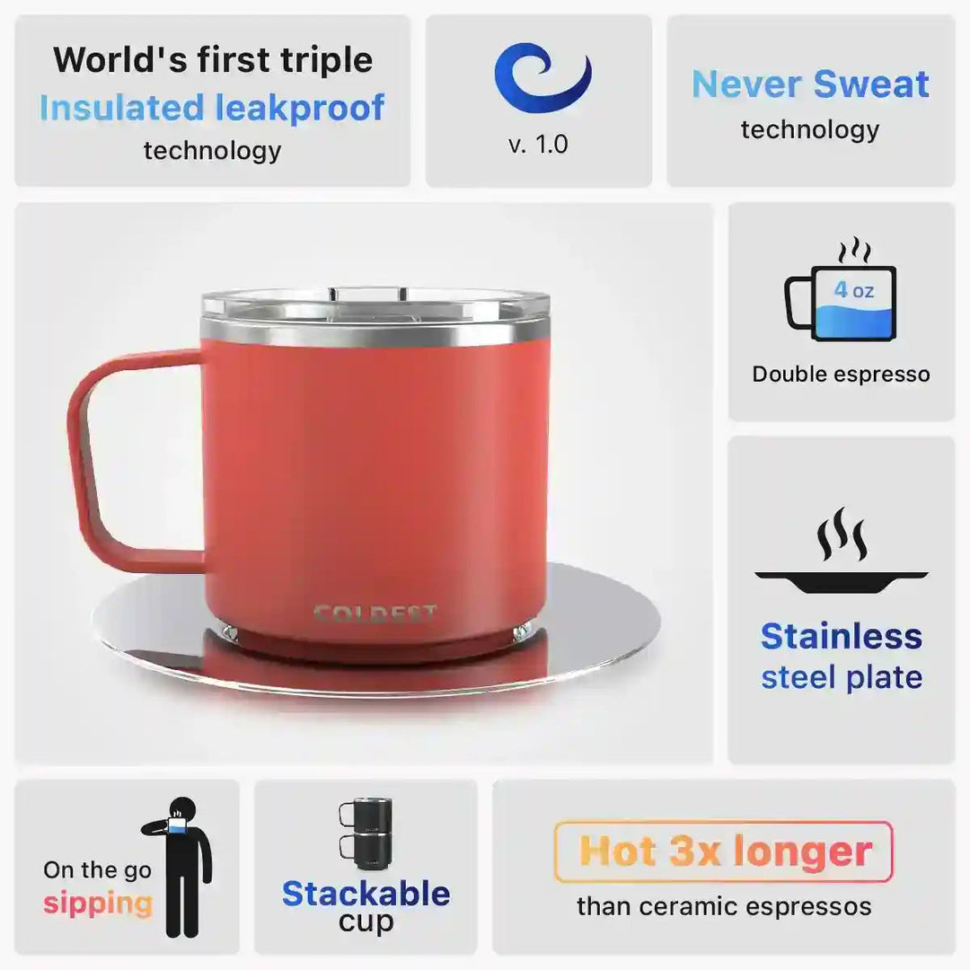 Insulated Coldest Espresso Mug with black exterior and stainless steel interior, designed to keep espresso hot or cold.