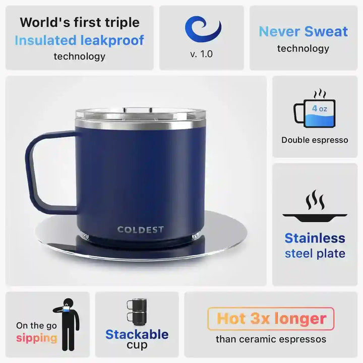 Insulated Coldest espresso mug with black exterior and stainless steel interior, designed for hot beverages.