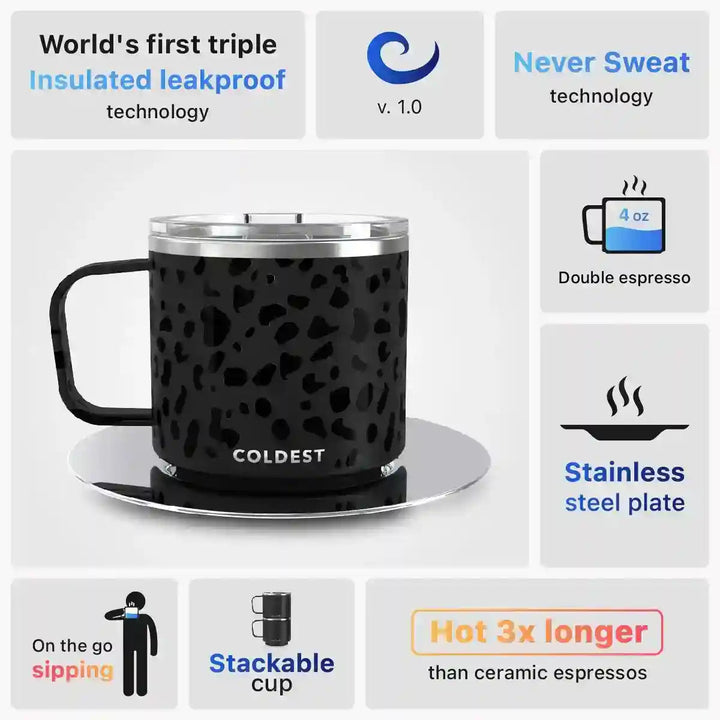Coldest insulated espresso mug with sleek design, double-wall thermal insulation, and a secure lid for hot drinks.