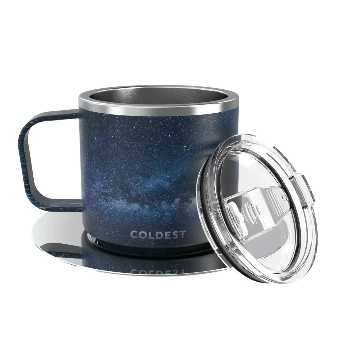 Insulated Coldest espresso mug with black exterior and stainless steel interior for hot beverages, compact and portable.