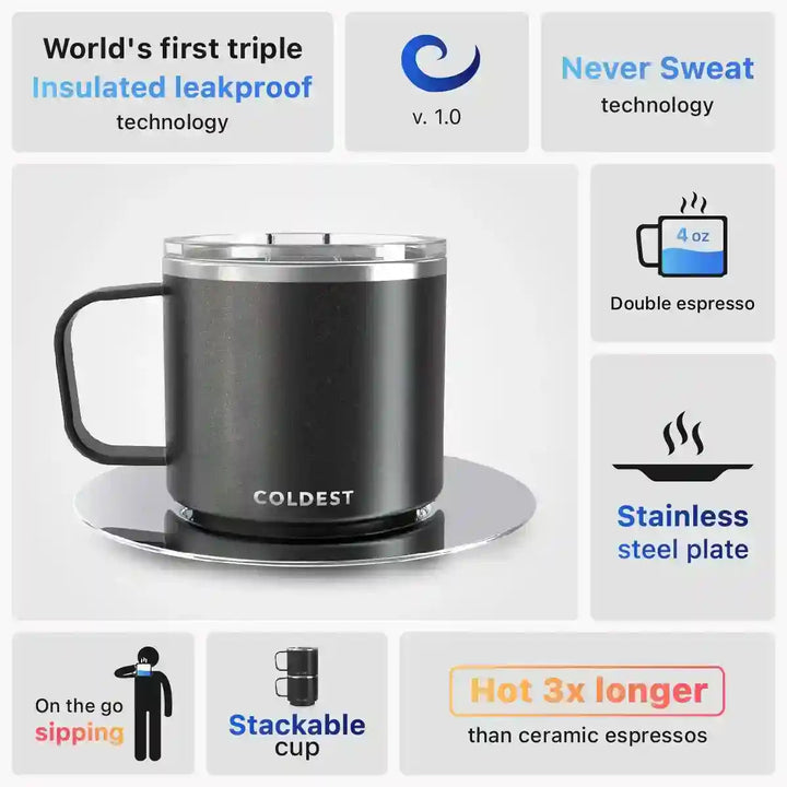 Insulated Coldest espresso mug with black exterior and stainless steel interior, designed to keep coffee hot or cold.