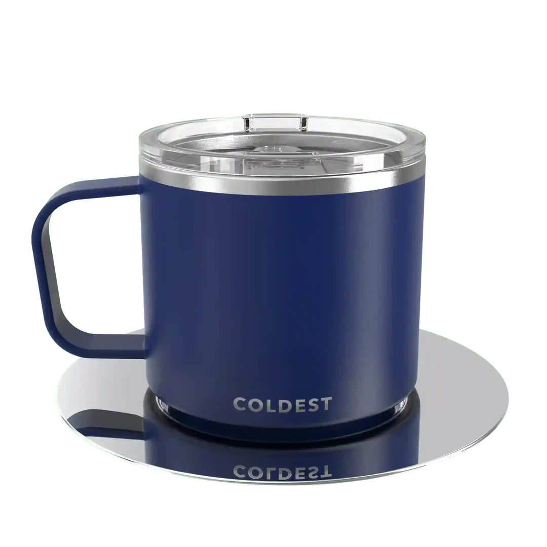 Insulated Coldest espresso mug with black exterior and silver lid, designed for hot beverages and travel convenience.