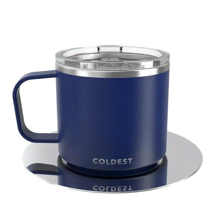 Insulated Coldest espresso mug with black exterior and silver lid, designed for hot beverages and travel convenience.