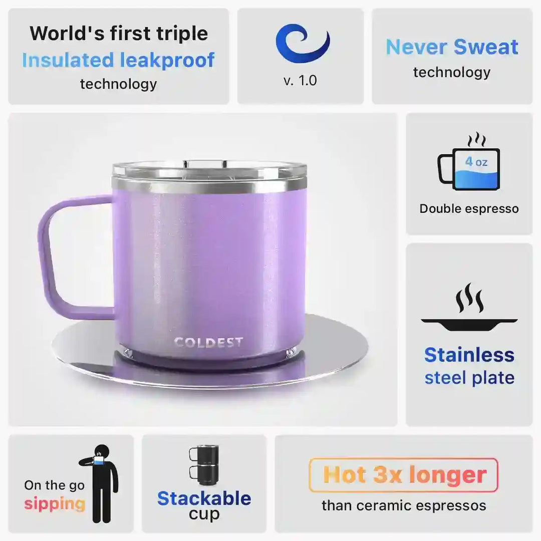 Insulated Coldest Espresso Mug with black exterior and stainless steel interior, designed for hot beverage retention.