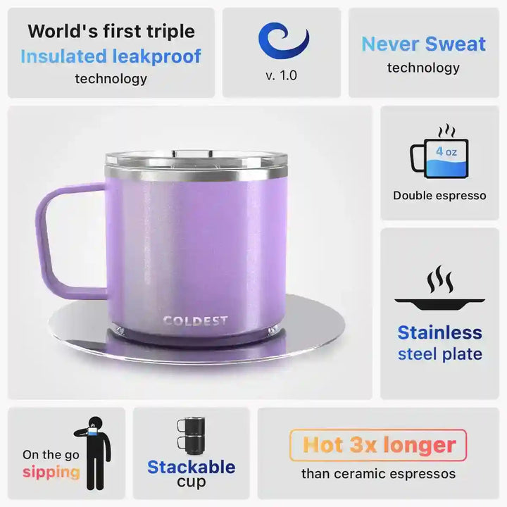 Insulated Coldest Espresso Mug with black exterior and stainless steel interior, designed for hot beverage retention.